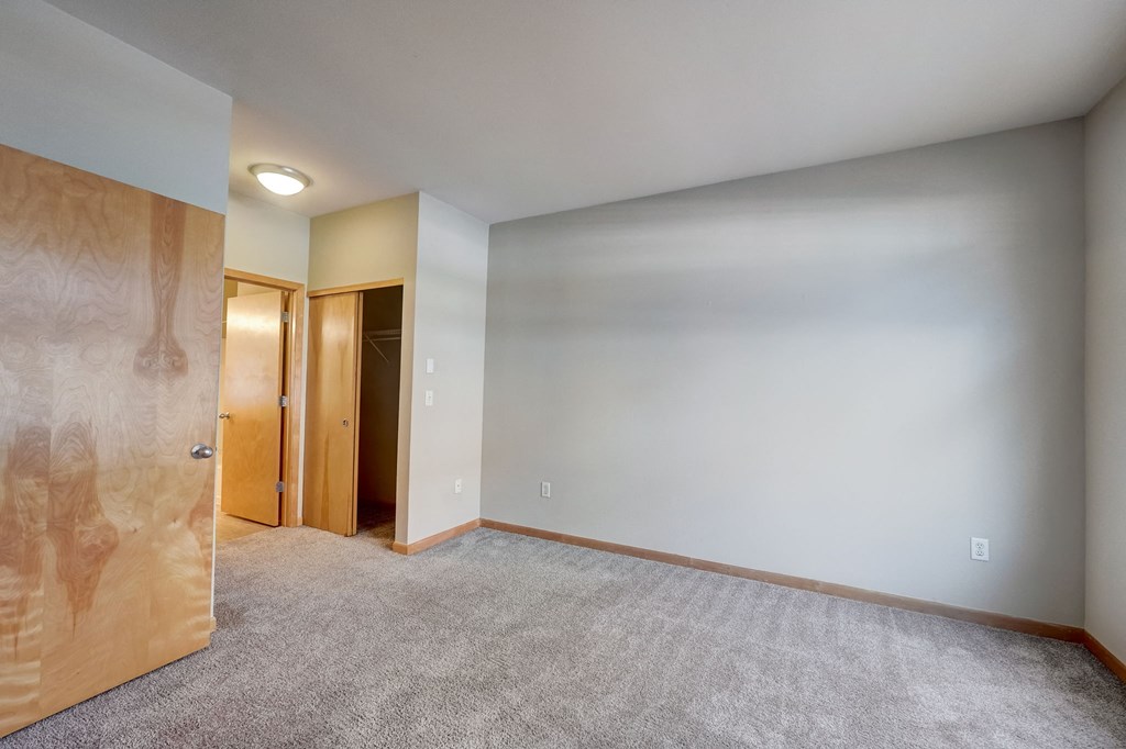 a living room with carpet and a door to a closet