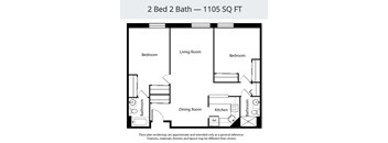 A floor plan for a 2 Bed 2 Bath - 1105 SQ FT layout.