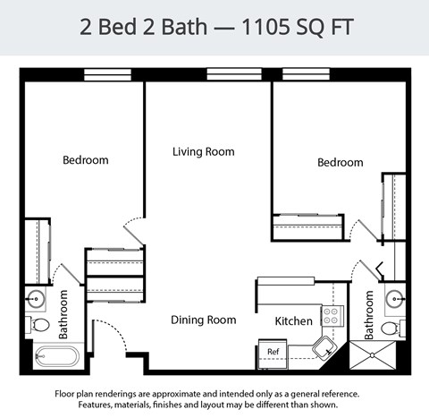 A floor plan for a 2 Bed 2 Bath - 1105 SQ FT layout.