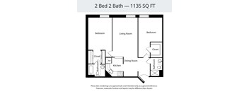 A floor plan for a 2 Bed 2 Bath - 1135 SQ FT.