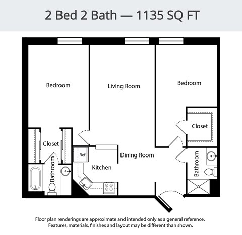 A floor plan for a 2 Bed 2 Bath - 1135 SQ FT.
