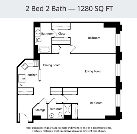 A floor plan for a 2 Bed 2 Bath - 1280 SQ FT.