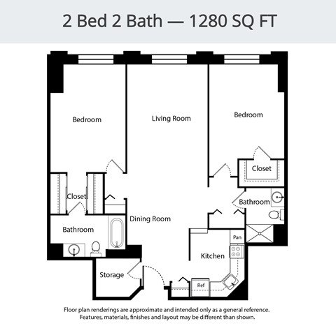 A floor plan for a 2 Bed 2 Bath - 1280 SQ FT.