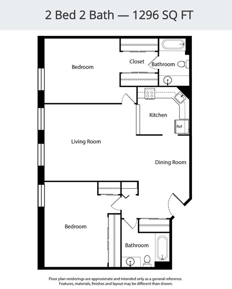 A floor plan for a 2 Bed 2 Bath - 1296 SQ FT.