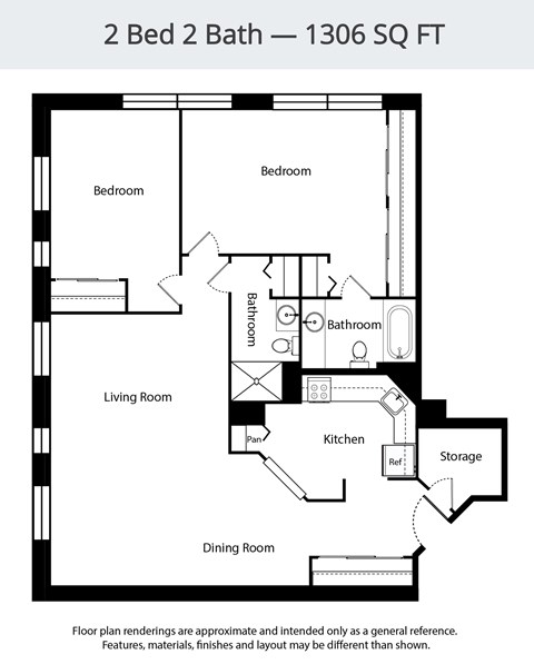 A floor plan of a 2 Bed 2 Bath - 1306 SQ FT.