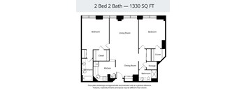 A floor plan for a 2 Bed 2 Bath - 1330 SQ FT layout.