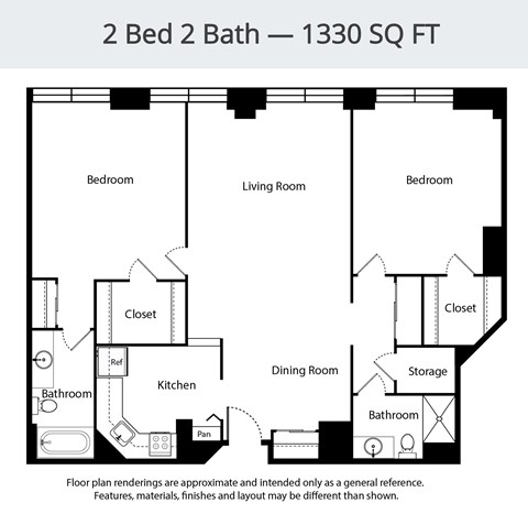 A floor plan for a 2 Bed 2 Bath - 1330 SQ FT layout.