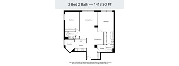 A floor plan for a 2 Bed 2 Bath apartment sized at 1413 square feet.