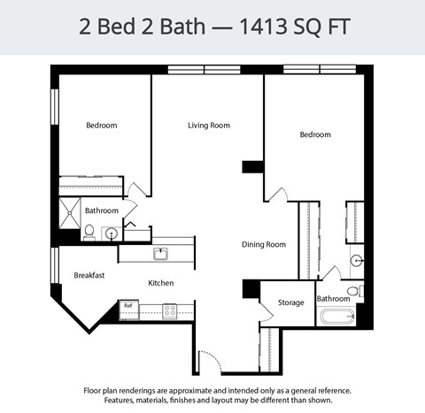 A floor plan for a 2 Bed 2 Bath apartment sized at 1413 square feet.