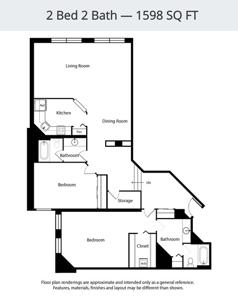A floor plan for a 2 Bed 2 Bath - 1598 SQ FT.