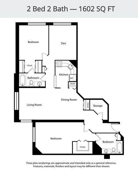 A floor plan of a 2 Bed 2 Bath - 1602 SQ FT.