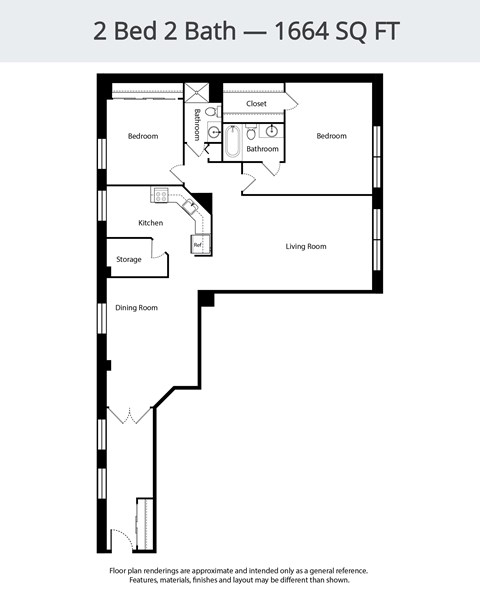 A floor plan of a 2 Bed 2 Bath apartment is 1664 square feet.