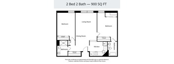 A floor plan for a 2 Bed 2 Bath - 900 SQ FT layout.