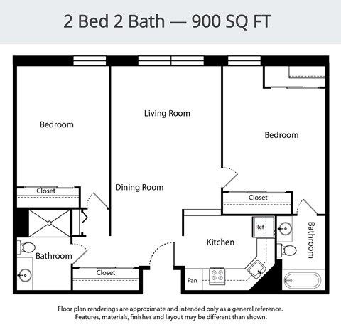 A floor plan for a 2 Bed 2 Bath - 900 SQ FT layout.
