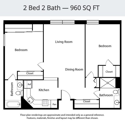 A floor plan of a 2 Bed 2 Bath - 960 SQ FT.