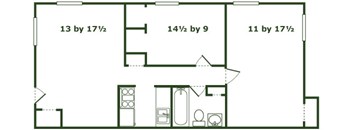 A floor plan of a room with dimensions and furniture layout.