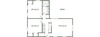 A floor plan of a house with a patio and three bedrooms.