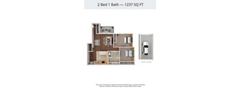 A floor plan of a 2 Bed 1 Bath apartment is 1237 square feet.