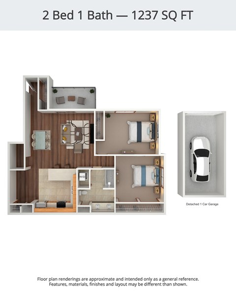 A floor plan of a 2 Bed 1 Bath apartment is 1237 square feet.
