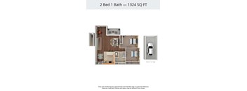 A floor plan of a 2 Bed 1 Bath apartment is 1324 square feet.
