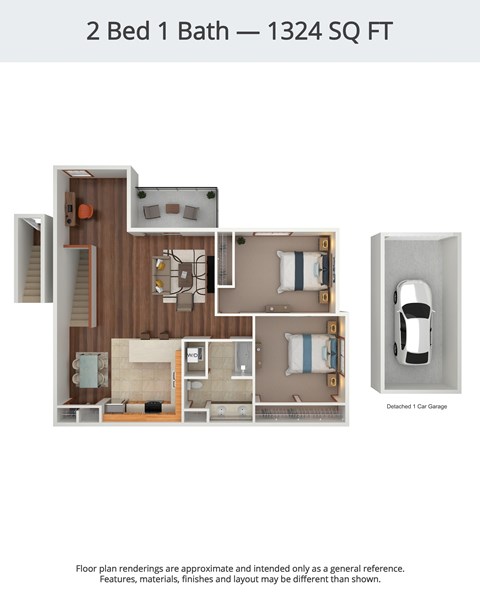 A floor plan of a 2 Bed 1 Bath apartment is 1324 square feet.