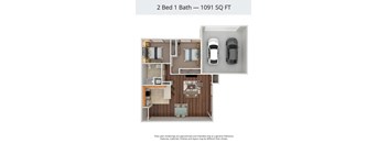A floor plan of a 2 Bed 1 Bath apartment is 1091 square feet.