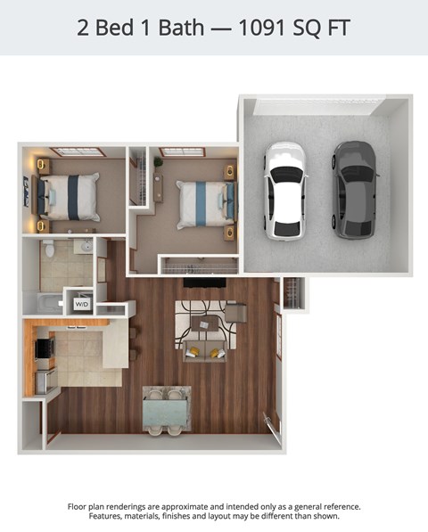 A floor plan of a 2 Bed 1 Bath apartment is 1091 square feet.