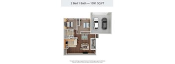 A 2 Bed 1 Bath apartment is 1091 square feet.