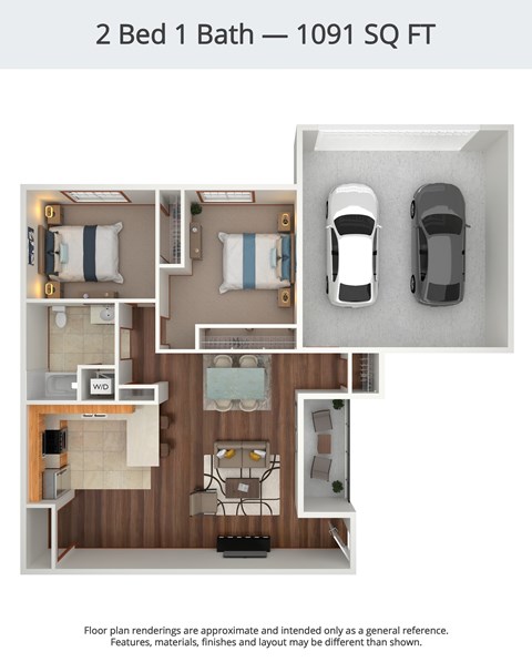 A 2 Bed 1 Bath apartment is 1091 square feet.