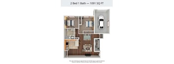 A floor plan of a 2 Bed 1 Bath apartment is 1091 square feet.