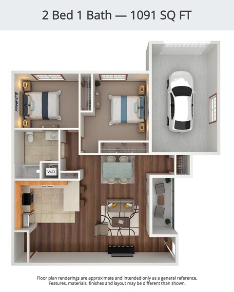 A floor plan of a 2 Bed 1 Bath apartment is 1091 square feet.