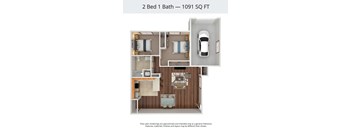 A 2 Bed 1 Bath apartment is 1091 square feet.