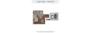 A 2 Bed 1 Bath apartment is 1243 square feet.