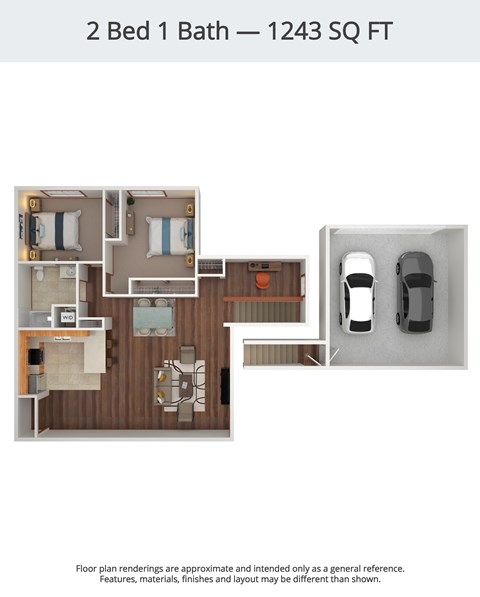 A 2 Bed 1 Bath apartment is 1243 square feet.