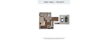 A floor plan for a 2 Bed 1 Bath apartment is 1243 square feet.