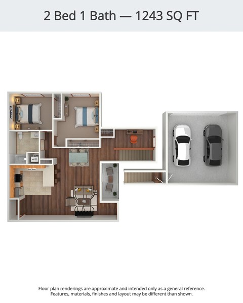 A floor plan for a 2 Bed 1 Bath apartment is 1243 square feet.