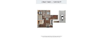 A floor plan of a 2 Bed 1 Bath apartment is 1243 square feet.