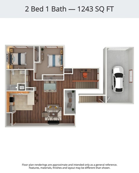 A floor plan of a 2 Bed 1 Bath apartment is 1243 square feet.
