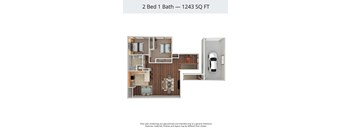 A floor plan of a 2 Bed 1 Bath apartment is 1243 square feet.