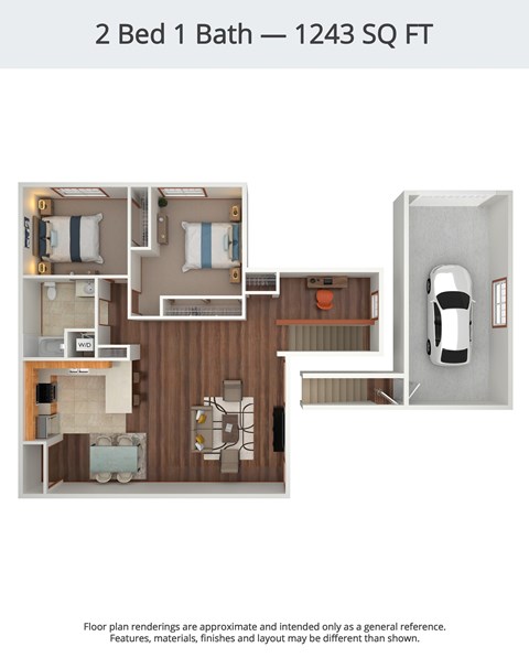 A floor plan of a 2 Bed 1 Bath apartment is 1243 square feet.