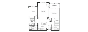 A black and white floor plan of a house with labeled rooms.