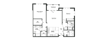 A floor plan of a house with a master bedroom, a great room, a foyer, and a kitchen.