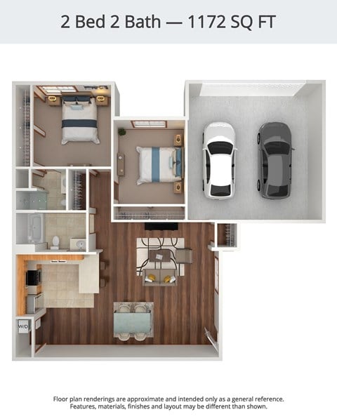 A floor plan of a 2 Bed 2 Bath apartment is 1172 square feet.