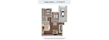 A diagram of a 2 Bed 2 Bath apartment is 1172 square feet.