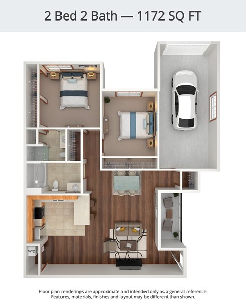 A diagram of a 2 Bed 2 Bath apartment is 1172 square feet.