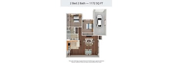 A diagram of a 2 Bed 2 Bath apartment is shown with a car parked in the doorway.