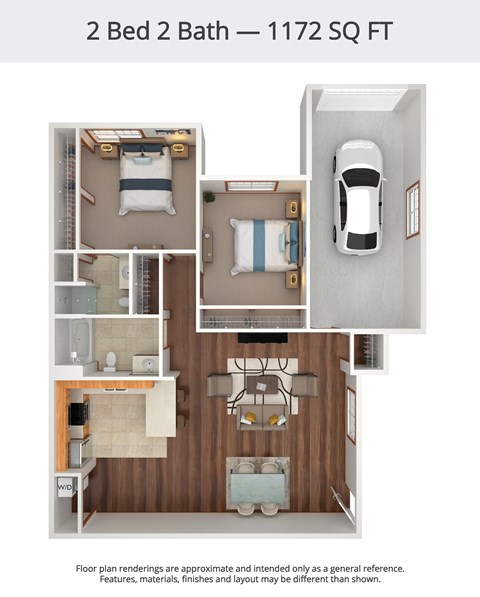 A diagram of a 2 Bed 2 Bath apartment is shown with a car parked in the doorway.