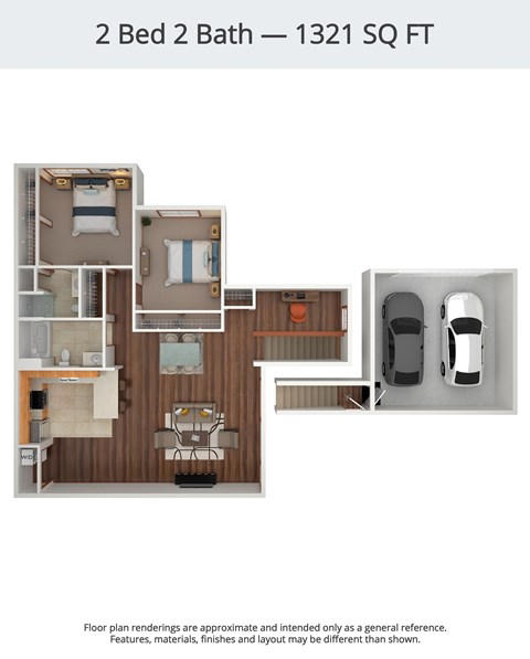 A diagram of a 2 Bed 2 Bath apartment sized at 1321 square feet.