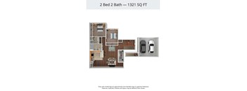 A diagram of a 2 Bed 2 Bath apartment is 1321 square feet.