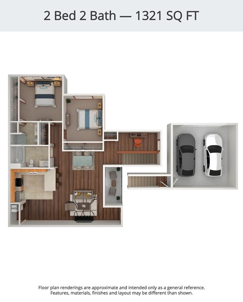 A diagram of a 2 Bed 2 Bath apartment is 1321 square feet.